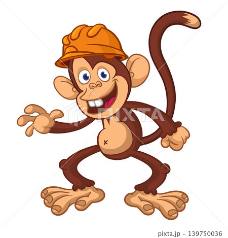 Cartoon funny brown monkey chimpanzee wearing safety helmet. Vector illustration isolated on white Cartoon funny brown monkey chimpanzee wearing safety helmet. Vector illustration isolated on white 139750036