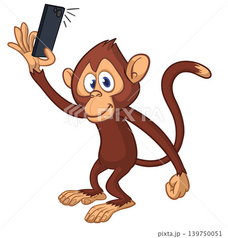 Cartoon funny monkey chimpanzee making selfie with the smartphone. Vector illustration isolated on white Cartoon funny monkey chimpanzee making selfie with the smartphone. Vector illustration isolated on white 139750051