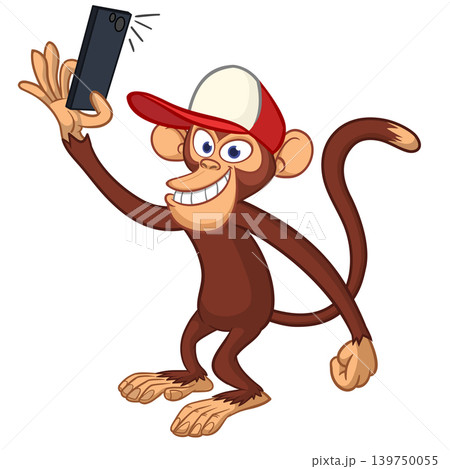 Cartoon funny monkey chimpanzee making selfie with the smartphone. Vector illustration isolated on white Cartoon funny monkey chimpanzee making selfie with the smartphone. Vector illustration isolated on white 139750055