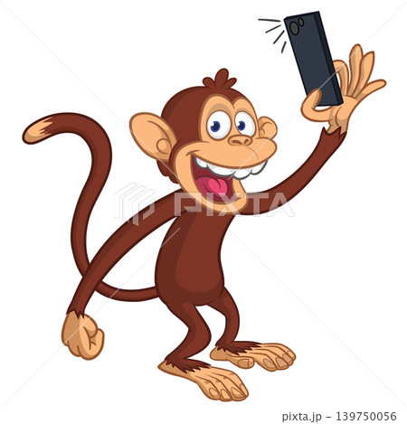 Cartoon funny monkey chimpanzee making selfie with the smartphone. Vector illustration isolated on white 139750056