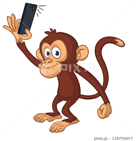 Cartoon funny monkey chimpanzee making selfie with the smartphone. Vector illustration isolated on white Cartoon funny monkey chimpanzee making selfie with the smartphone. Vector illustration isolated on white 139750057