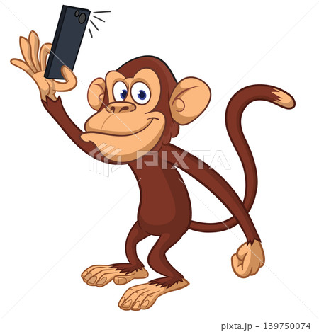 Cartoon funny monkey chimpanzee making selfie with the smartphone. Vector illustration isolated on white 139750074