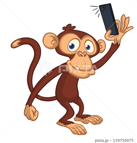 Cartoon funny monkey chimpanzee making selfie with the smartphone. Vector illustration isolated on white Cartoon funny monkey chimpanzee making selfie with the smartphone. Vector illustration isolated on white 139750075