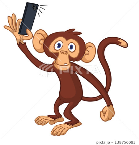 Cartoon funny monkey chimpanzee making selfie with the smartphone. Vector illustration isolated on white Cartoon funny monkey chimpanzee making selfie with the smartphone. Vector illustration isolated on white 139750083