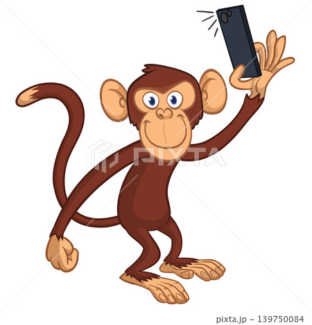 Cartoon funny monkey chimpanzee making selfie with the smartphone. Vector illustration isolated on white Cartoon funny monkey chimpanzee making selfie with the smartphone. Vector illustration isolated on white 139750084