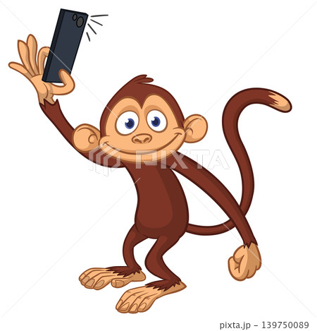 Cartoon funny monkey chimpanzee making selfie with the smartphone. Vector illustration isolated on white Cartoon funny monkey chimpanzee making selfie with the smartphone. Vector illustration isolated on white 139750089