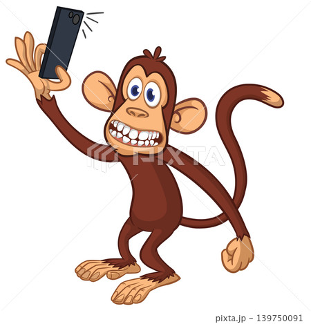 Cartoon funny monkey chimpanzee making selfie with the smartphone. Vector illustration isolated on white 139750091