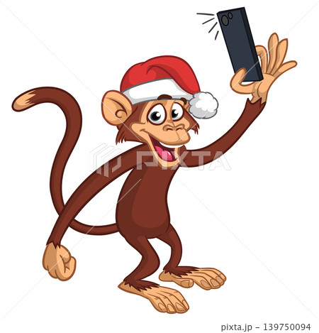 Cartoon funny monkey chimpanzee making selfie with the smartphone in Santa Hat. Vector illustration for Christmas Cartoon funny monkey chimpanzee making selfie with the smartphone in Santa Hat. Vector illustration for Christmas 139750094