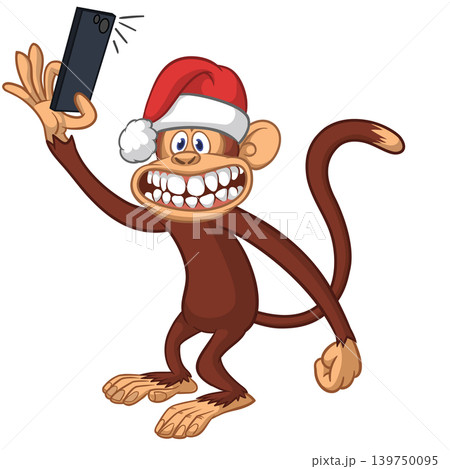 Cartoon funny monkey chimpanzee making selfie with the smartphone in Santa Hat. Vector illustration for Christmas Cartoon funny monkey chimpanzee making selfie with the smartphone in Santa Hat. Vector illustration for Christmas 139750095