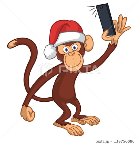 Cartoon funny monkey chimpanzee making selfie with the smartphone in Santa Hat. Vector illustration for Christmas Cartoon funny monkey chimpanzee making selfie with the smartphone in Santa Hat. Vector illustration for Christmas 139750096