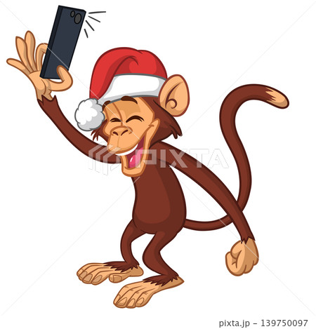 Cartoon funny monkey chimpanzee making selfie with the smartphone in Santa Hat. Vector illustration for Christmas Cartoon funny monkey chimpanzee making selfie with the smartphone in Santa Hat. Vector illustration for Christmas 139750097