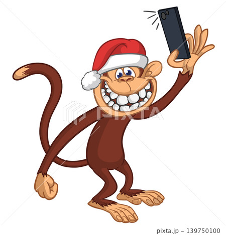 Cartoon funny monkey chimpanzee making selfie with the smartphone in Santa Hat. Vector illustration for Christmas Cartoon funny monkey chimpanzee making selfie with the smartphone in Santa Hat. Vector illustration for Christmas 139750100
