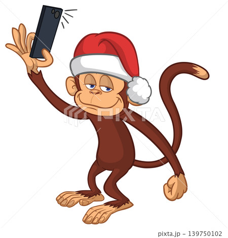 Cartoon funny monkey chimpanzee making selfie with the smartphone in Santa Hat. Vector illustration for Christmas Cartoon funny monkey chimpanzee making selfie with the smartphone in Santa Hat. Vector illustration for Christmas 139750102