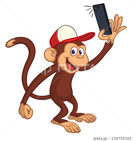 Cartoon funny monkey chimpanzee making selfie with the smartphone. Vector illustration isolated on white 139750105