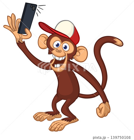 Cartoon funny monkey chimpanzee making selfie with the smartphone. Vector illustration isolated on white Cartoon funny monkey chimpanzee making selfie with the smartphone. Vector illustration isolated on white 139750108