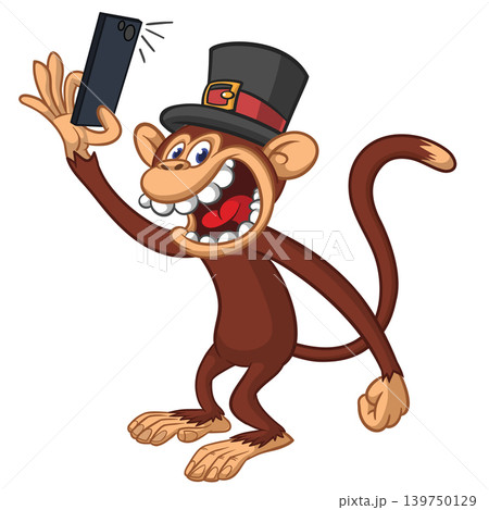 Cartoon funny monkey chimpanzee making selfie with the smartphone in top hat. Vector illustration isolated on white 139750129