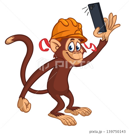 Cartoon funny monkey chimpanzee making selfie with the smartphone wearing helmet Cartoon funny monkey chimpanzee making selfie with the smartphone wearing helmet 139750143