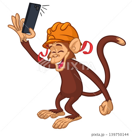 Cartoon funny monkey chimpanzee making selfie with the smartphone wearing helmet Cartoon funny monkey chimpanzee making selfie with the smartphone wearing helmet 139750144