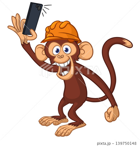 Cartoon funny monkey chimpanzee making selfie with the smartphone wearing helmet Cartoon funny monkey chimpanzee making selfie with the smartphone wearing helmet 139750148