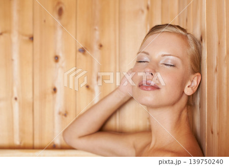 Woman, relax and wellness in sauna for health, detox and sweat for skincare, heat therapy and anti aging. Person, rest or wood steam room for weight loss, stress relief or zen with beauty treatment Woman, relax and wellness in sauna for health, detox and sweat for skincare, heat therapy and anti aging. Person, rest or wood steam room for weight loss, stress relief or zen with beauty treatment 139750240