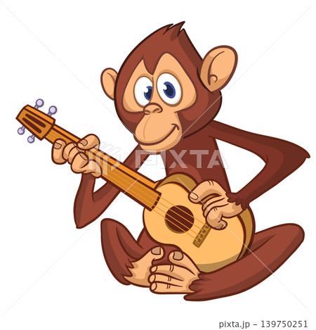 Cartoon funny brown monkey chimpanzee sitting and playing acoustic of electric guitar. Vector illustration isolated on white 139750251