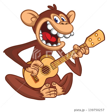 Cartoon funny brown monkey chimpanzee sitting and playing acoustic of electric guitar. Vector illustration isolated on white Cartoon funny brown monkey chimpanzee sitting and playing acoustic of electric guitar. Vector illustration isolated on white 139750257