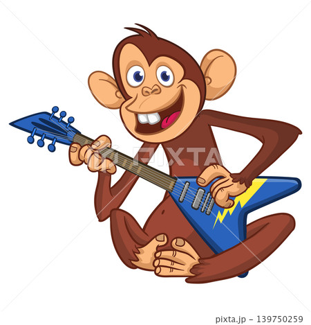 Cartoon funny brown monkey chimpanzee sitting and playing acoustic of electric guitar. Vector illustration isolated on white Cartoon funny brown monkey chimpanzee sitting and playing acoustic of electric guitar. Vector illustration isolated on white 139750259