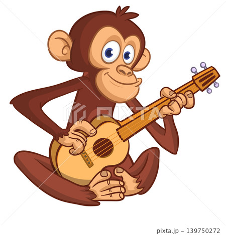 Cartoon funny brown monkey chimpanzee sitting and playing acoustic of electric guitar. Vector illustration isolated on white Cartoon funny brown monkey chimpanzee sitting and playing acoustic of electric guitar. Vector illustration isolated on white 139750272
