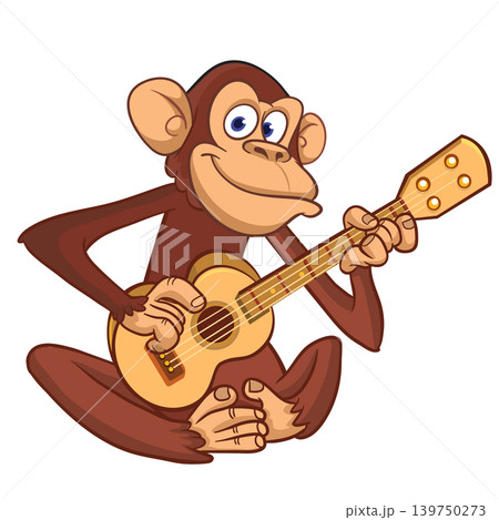 Cartoon funny brown monkey chimpanzee sitting and playing acoustic of electric guitar. Vector illustration isolated on white 139750273