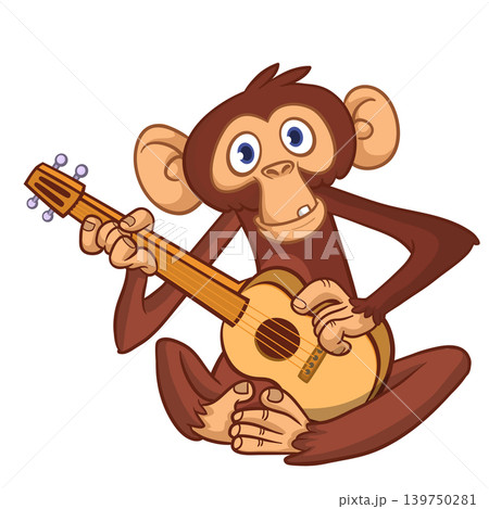 Cartoon funny brown monkey chimpanzee sitting and playing acoustic of electric guitar. Vector illustration isolated on white 139750281