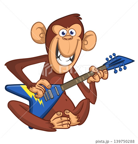 Cartoon funny brown monkey chimpanzee sitting and playing acoustic of electric guitar. Vector illustration isolated on white 139750288