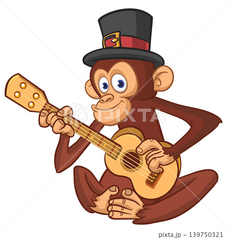 Cartoon funny brown monkey chimpanzee sitting and playing acoustic of electric guitar. Vector illustration isolated on white Cartoon funny brown monkey chimpanzee sitting and playing acoustic of electric guitar. Vector illustration isolated on white 139750321
