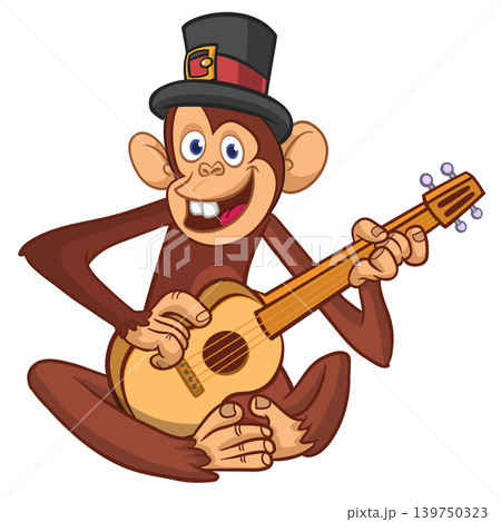 Cartoon funny brown monkey chimpanzee sitting and playing acoustic of electric guitar. Vector illustration isolated on white 139750323