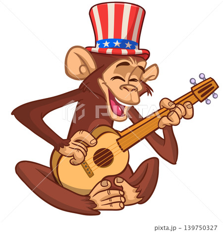 Cartoon funny brown monkey chimpanzee sitting and playing acoustic of electric guitar. Vector illustration isolated on white Cartoon funny brown monkey chimpanzee sitting and playing acoustic of electric guitar. Vector illustration isolated on white 139750327