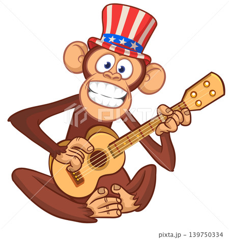 Cartoon funny brown monkey chimpanzee sitting and playing acoustic of electric guitar. Vector illustration isolated on white Cartoon funny brown monkey chimpanzee sitting and playing acoustic of electric guitar. Vector illustration isolated on white 139750334