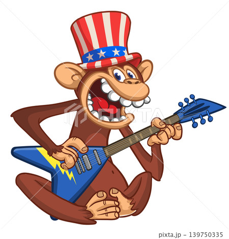 Cartoon funny brown monkey chimpanzee sitting and playing acoustic of electric guitar. Vector illustration isolated on white Cartoon funny brown monkey chimpanzee sitting and playing acoustic of electric guitar. Vector illustration isolated on white 139750335