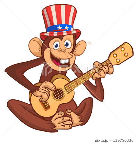 Cartoon funny brown monkey chimpanzee sitting and playing acoustic of electric guitar. Vector illustration isolated on white Cartoon funny brown monkey chimpanzee sitting and playing acoustic of electric guitar. Vector illustration isolated on white 139750336