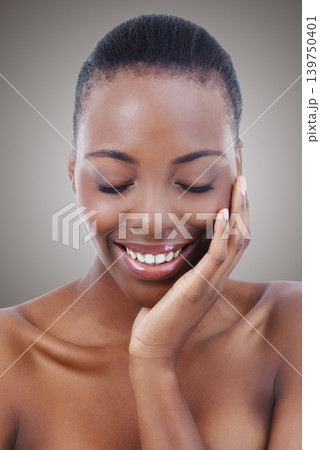Happy, black woman and beauty from skincare and dermatology in studio, background or salon. Facial, glow and smile with natural makeup and healthy shine on skin from cosmetics or foundation mockup Happy, black woman and beauty from skincare and dermatology in studio, background or salon. Facial, glow and smile with natural makeup and healthy shine on skin from cosmetics or foundation mockup 139750401