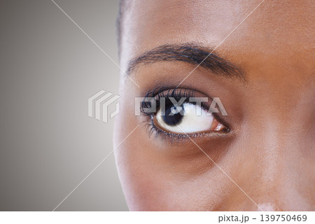 Half, face and eye of woman with vision for contact lenses and healthcare in studio background mockup. Optometry, eyesight and African model seeing, visual or search perception in optical exam 139750469