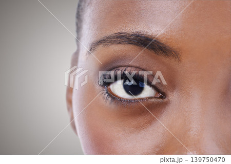 Half, face and eye of black woman closeup for beauty or dermatology in gray background mockup. Skincare, portrait and African model with natural glow from makeup, cosmetics or facial in studio Half, face and eye of black woman closeup for beauty or dermatology in gray background mockup. Skincare, portrait and African model with natural glow from makeup, cosmetics or facial in studio 139750470