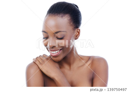 Smile, skin and black woman, natural beauty and cosmetics with wellness isolated on white background. Dermatology, facial and clean makeup with skincare, smooth and body care with shine in studio 139750497