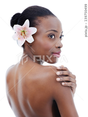 Black woman, skin and flower, thinking of beauty and wellness with dermatology and nature on white background. Orchid, eco friendly cosmetics and body care with natural and clean skincare in studio Black woman, skin and flower, thinking of beauty and wellness with dermatology and nature on white background. Orchid, eco friendly cosmetics and body care with natural and clean skincare in studio 139750499