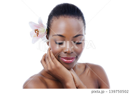 Eyes closed, flower and black woman with beauty, skincare and wellness isolated on white studio background. African person, girl and model with natural cosmetics and grooming with shine, soft or glow Eyes closed, flower and black woman with beauty, skincare and wellness isolated on white studio background. African person, girl and model with natural cosmetics and grooming with shine, soft or glow 139750502