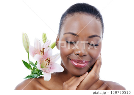 Eyes closed, flower and black woman with beauty, shine and grooming isolated on white studio background. African person, girl or model with natural cosmetics and skincare with treatment or soft glow Eyes closed, flower and black woman with beauty, shine and grooming isolated on white studio background. African person, girl or model with natural cosmetics and skincare with treatment or soft glow 139750510