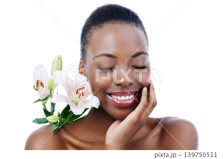 Eyes closed, flower and black woman with beauty, plants or grooming isolated on white studio background. African person, girl or model with natural cosmetics or aesthetic with shine, skincare or glow Eyes closed, flower and black woman with beauty, plants or grooming isolated on white studio background. African person, girl or model with natural cosmetics or aesthetic with shine, skincare or glow 139750511