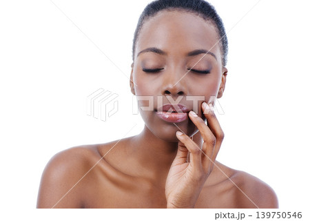 Face, beauty and aesthetic natural black woman in studio isolated on white background for spa treatment. Skincare, wellness or relax and confident young model touching face with hands for dermatology 139750546