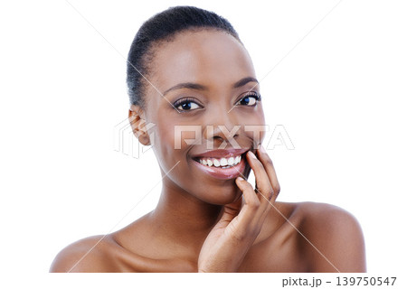 Happy, skin and face of black woman, beauty and natural cosmetics with wellness isolated on white background. Dermatology, facial and clean makeup with skincare, smooth and soft with shine in studio 139750547
