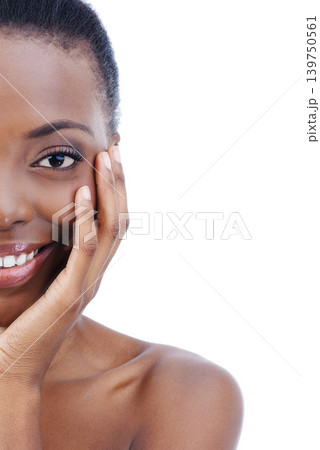 Woman, portrait and smile in skincare in studio or dermatology treatment, wellness or white background. Black person, model and face with mockup space for cosmetic health or makeup, shine or Kenya 139750561