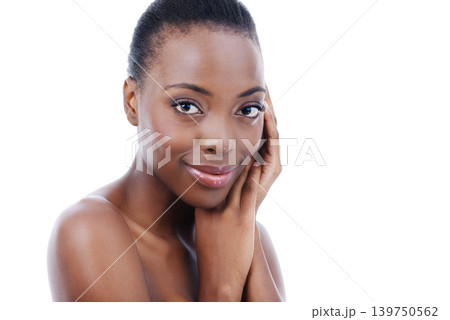 Makeup, portrait and happy black woman in studio with wellness, cosmetics or glowing skin results on white background. Beauty, smile or model with hands on face for foundation texture satisfaction Makeup, portrait and happy black woman in studio with wellness, cosmetics or glowing skin results on white background. Beauty, smile or model with hands on face for foundation texture satisfaction 139750562