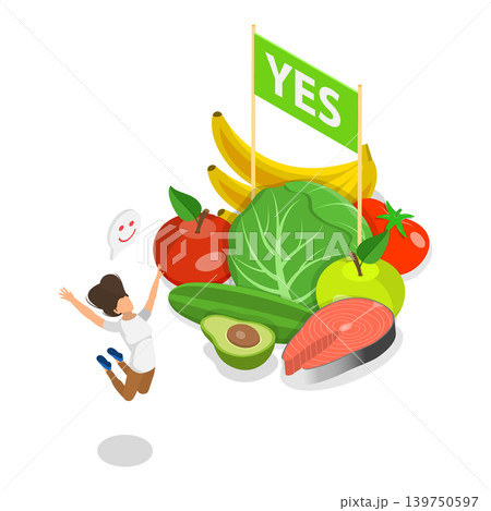3D Isometric Flat Vector Illustration of Good And Bad Food For Liver, Balanced Diet Choices. Item 1 3D Isometric Flat Vector Illustration of Good And Bad Food For Liver, Balanced Diet Choices. Item 1 139750597